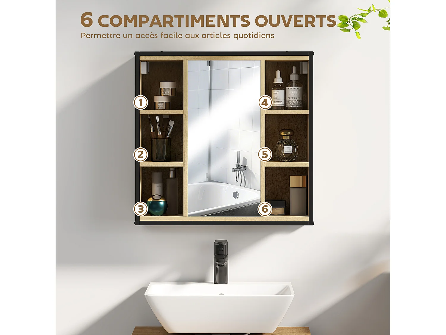 Armoire miroir murale salle de bain - 6 niches, porte, étagère - acier noir effet bois