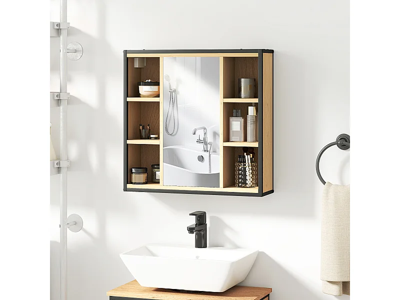 Armoire miroir murale salle de bain - 6 niches, porte, étagère - acier noir effet bois