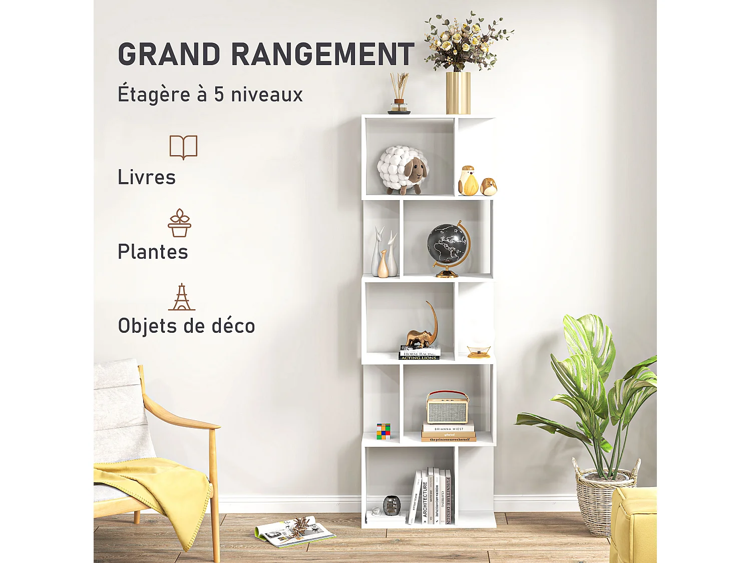 Bibliothèque étagère meuble de rangement design contemporain en S 5 étagères 60L x 24l x 185H cm blanc
