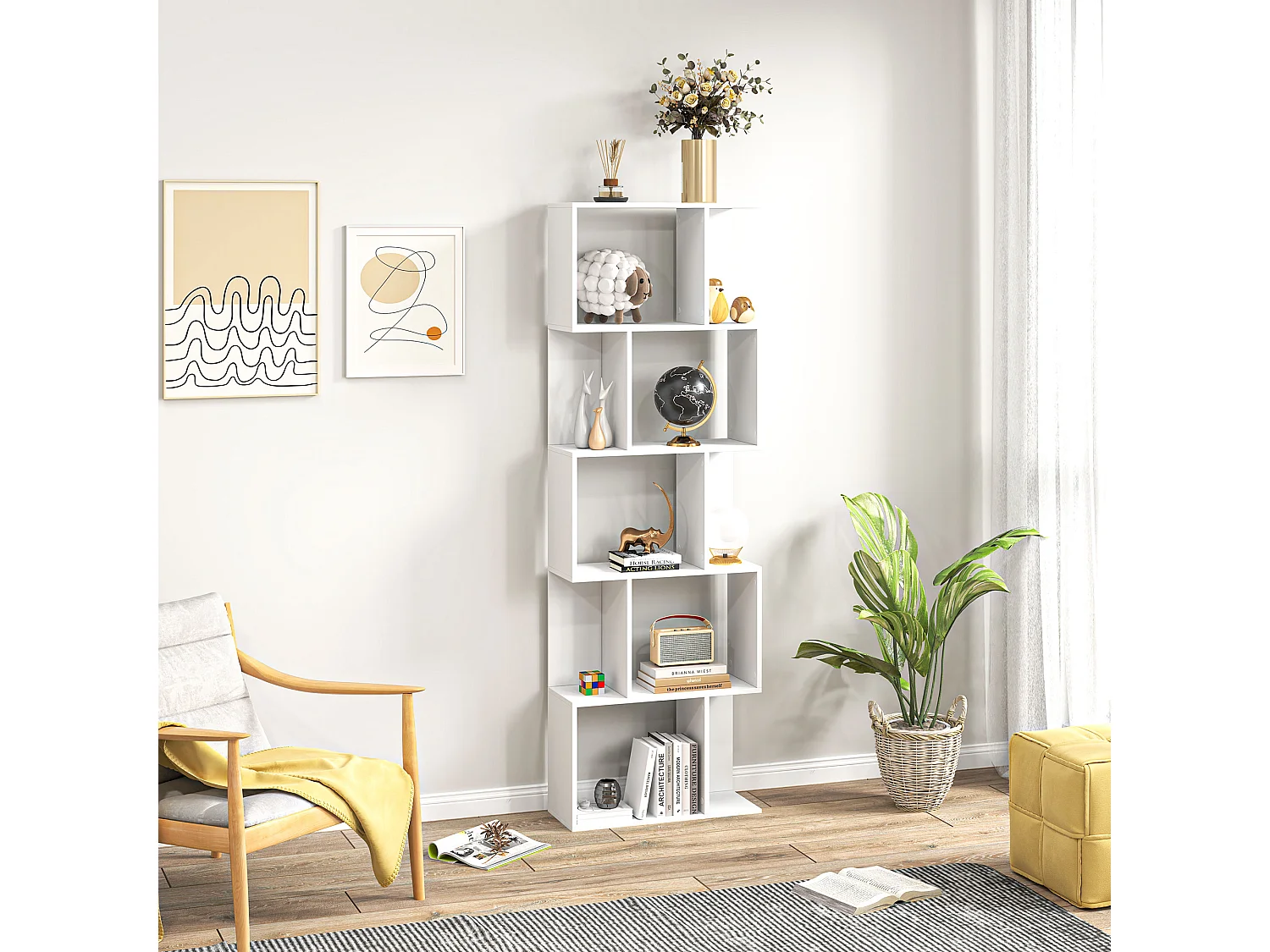 Bibliothèque étagère meuble de rangement design contemporain en S 5 étagères 60L x 24l x 185H cm blanc