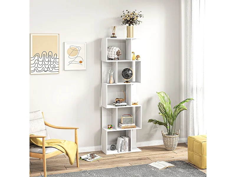 Bibliothèque étagère meuble de rangement design contemporain en S 5 étagères 60L x 24l x 185H cm blanc