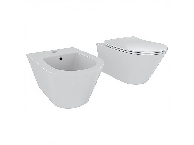 Coppia Sanitari Sospesi Vaso WC Rimless Con Tornado Flush E Bidet Sospeso Moderno Tondo In Ceramica Con Copriwater Chiusura Soft Close Bianco Opaco
