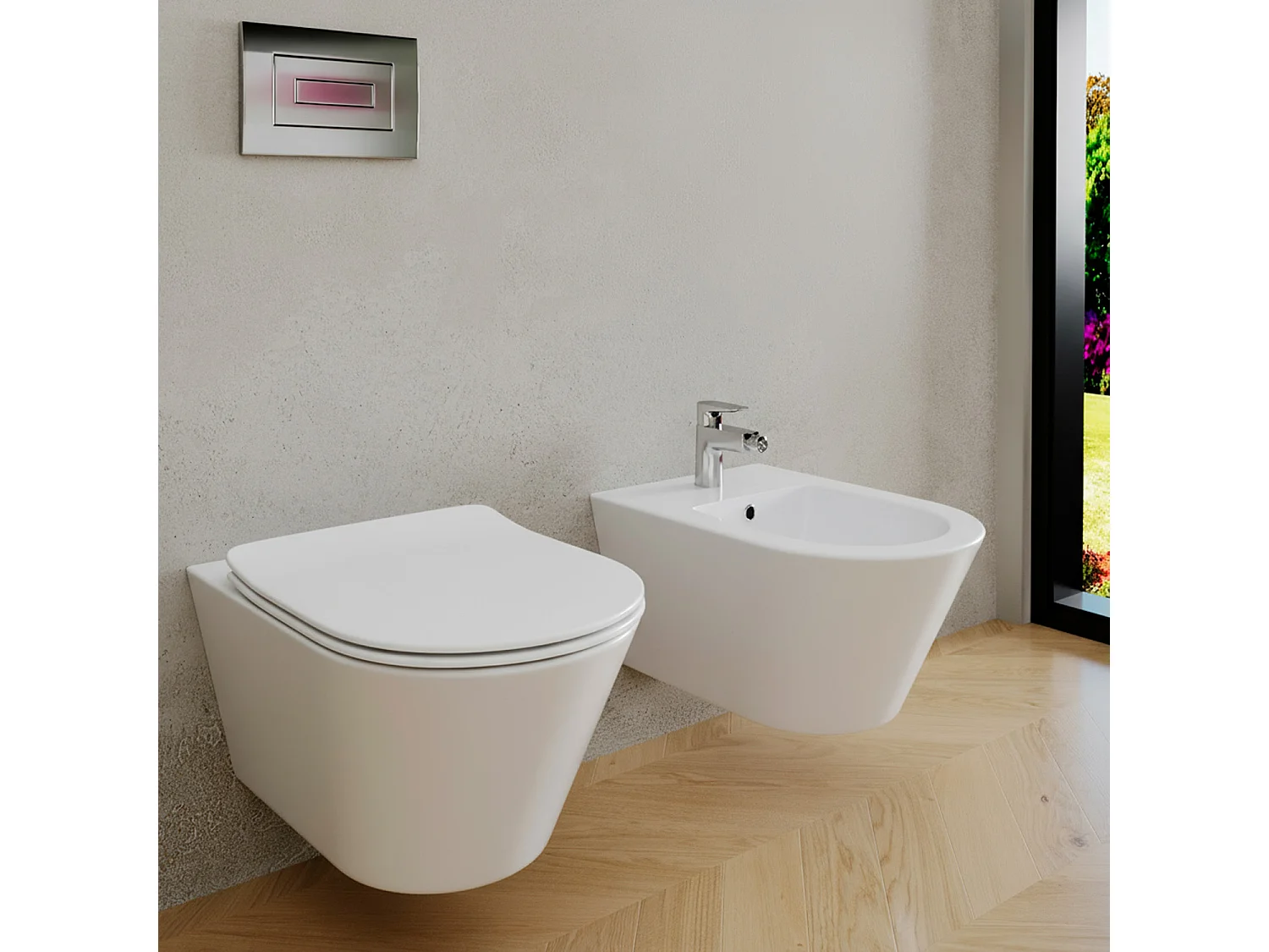 Coppia Sanitari Sospesi Vaso WC Rimless Con Tornado Flush E Bidet Sospeso Moderno Tondo In Ceramica Con Copriwater Chiusura Soft Close Bianco Opaco