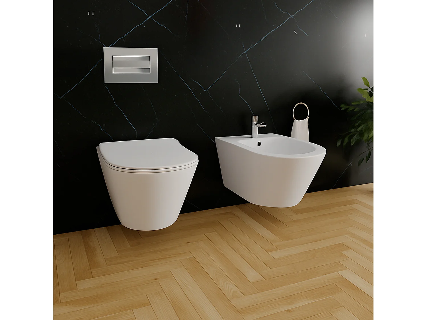 Coppia Sanitari Sospesi Vaso WC Rimless Con Tornado Flush E Bidet Sospeso Moderno Tondo In Ceramica Con Copriwater Chiusura Soft Close Bianco Opaco