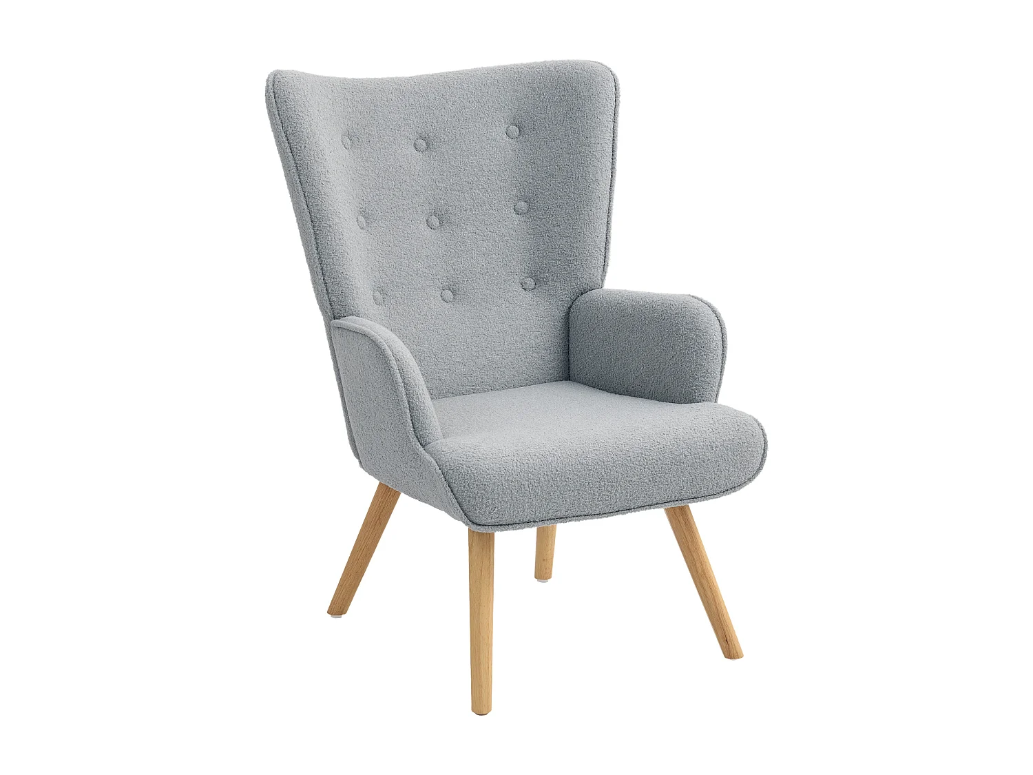 Fauteuil à oreilles style nordique piètement bois effet laine bouclée gris