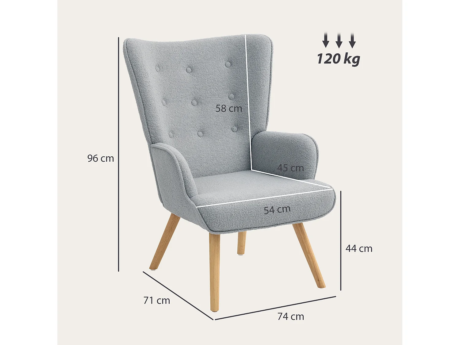 Fauteuil à oreilles style nordique piètement bois effet laine bouclée gris