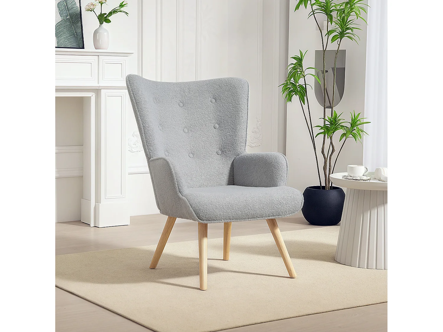 Fauteuil à oreilles style nordique piètement bois effet laine bouclée gris