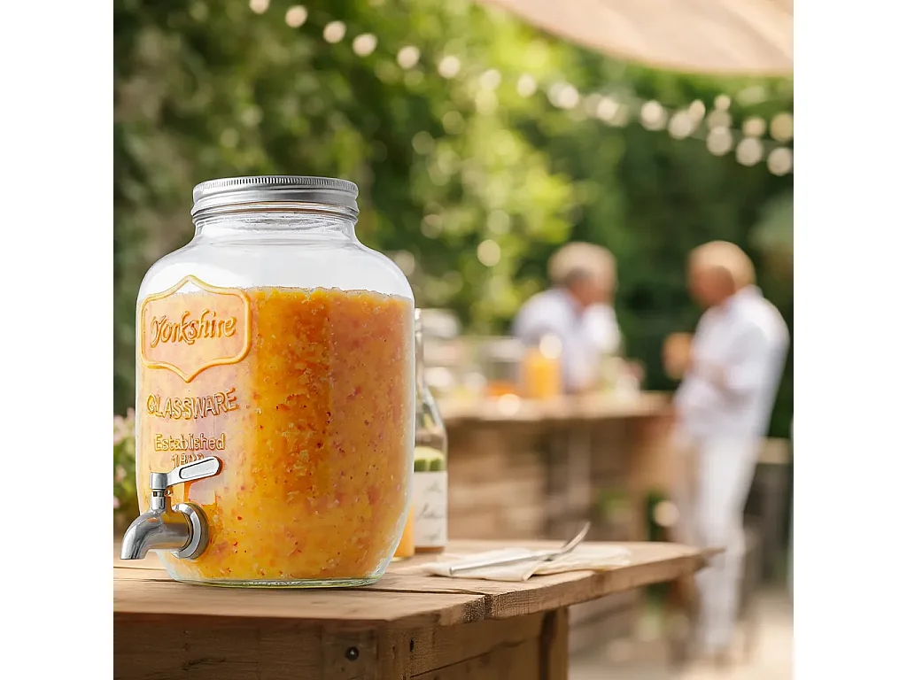 Dispenser in Vetro per Bevande 4L con Rubinetto in Plastica Cromata Lavabile in Lavastoviglie Ideale per Feste Aperitivi e Campeggio 14 x 14 x 26 Cm Trasparente