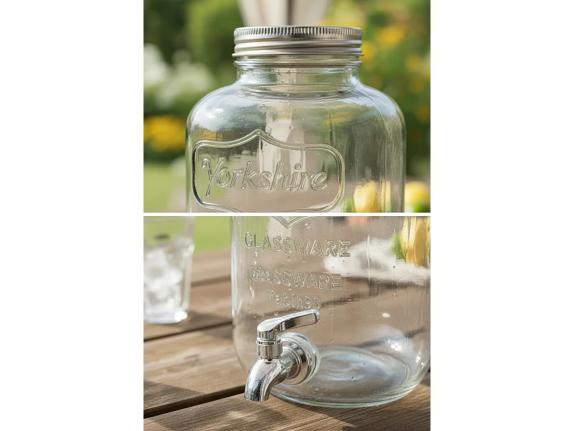 Dispenser in Vetro per Bevande 4L con Rubinetto in Plastica Cromata Lavabile in Lavastoviglie Ideale per Feste Aperitivi e Campeggio 14 x 14 x 26 Cm Trasparente
