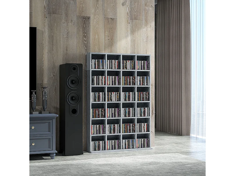 Étagère rangement CD/DVD meuble de rangement pour 480 CDs 24 compartiments réglables en hauteur 89 x 20 x 130 cm gris