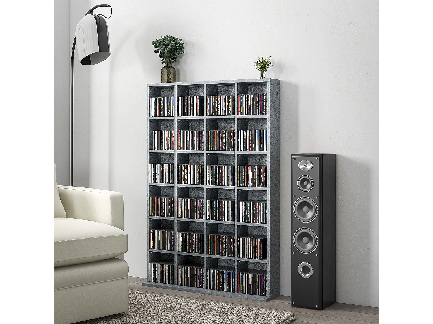 Étagère rangement CD/DVD meuble de rangement pour 480 CDs 24 compartiments réglables en hauteur 89 x 20 x 130 cm gris