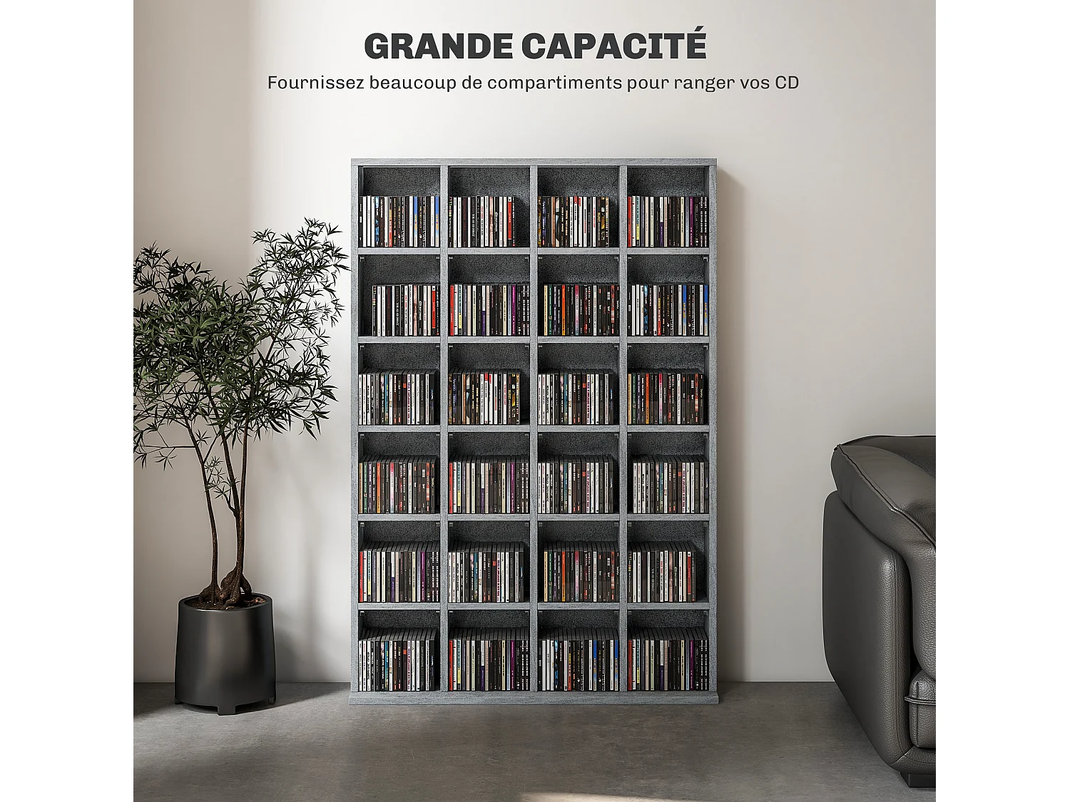 Étagère rangement CD/DVD meuble de rangement pour 480 CDs 24 compartiments réglables en hauteur 89 x 20 x 130 cm gris