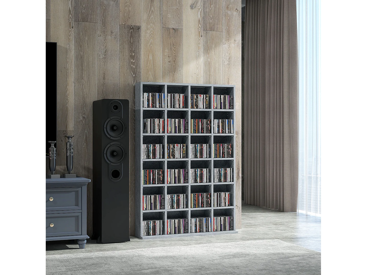 Étagère rangement CD/DVD meuble de rangement pour 480 CDs 24 compartiments réglables en hauteur 89 x 20 x 130 cm gris