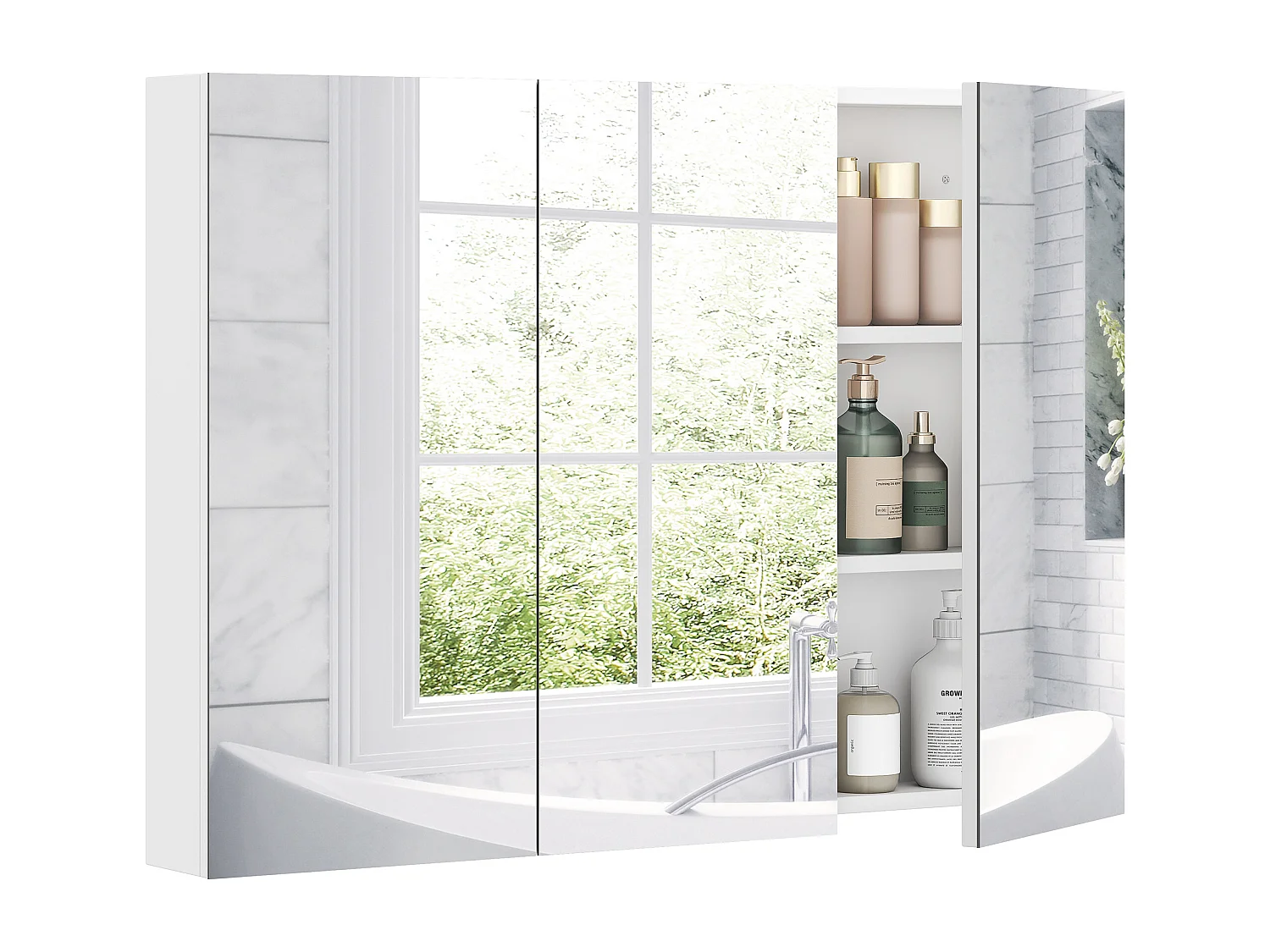 Armoire miroir murale salle de bain design 3 portes 4 étagères  91 x 11 x 65 cm blanc