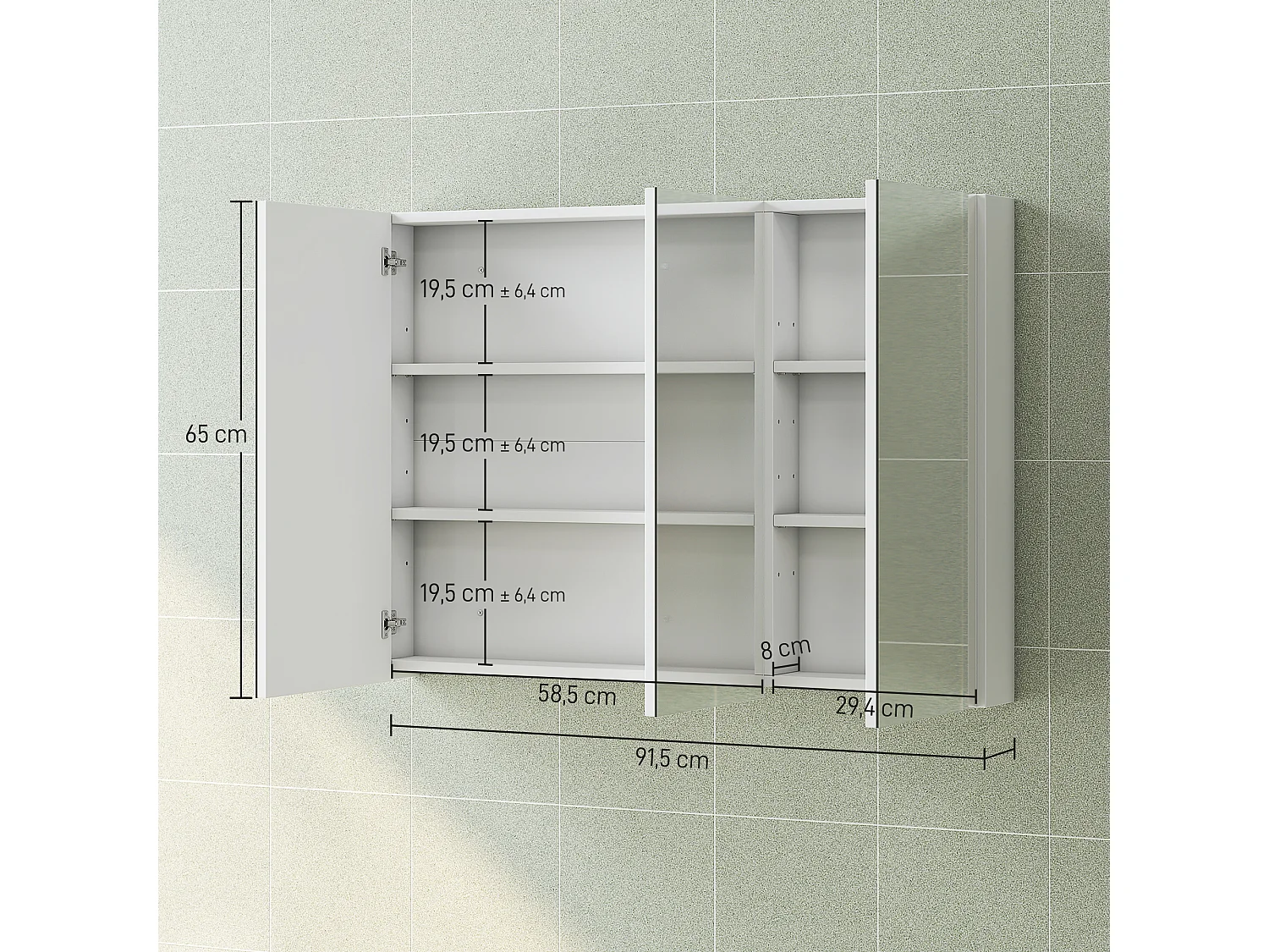 Armoire miroir murale salle de bain design 3 portes 4 étagères  91 x 11 x 65 cm blanc