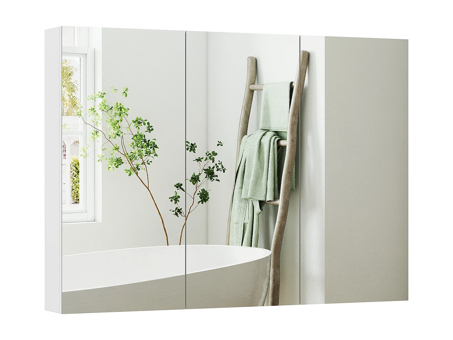 Armoire miroir murale salle de bain design 3 portes 4 étagères  91 x 11 x 65 cm blanc