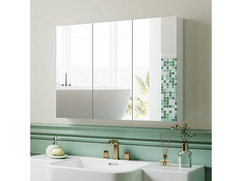 Armoire miroir murale salle de bain design 3 portes 4 étagères  91 x 11 x 65 cm blanc