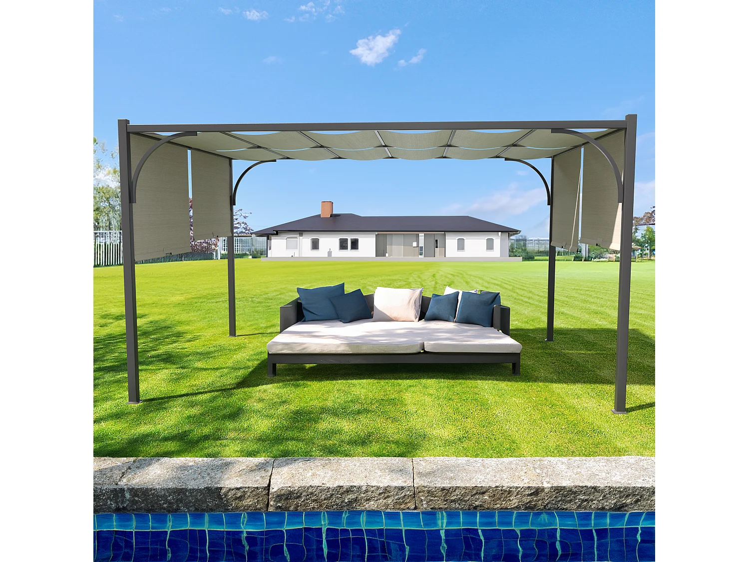 Gazebo Pergola 3x3 M Pergolato Con Tetto Scorrevole Telo Colore Beige Impermeabile Retrattile Richiudibile Struttura Nera In Acciaio Giardino Piscina Esterno