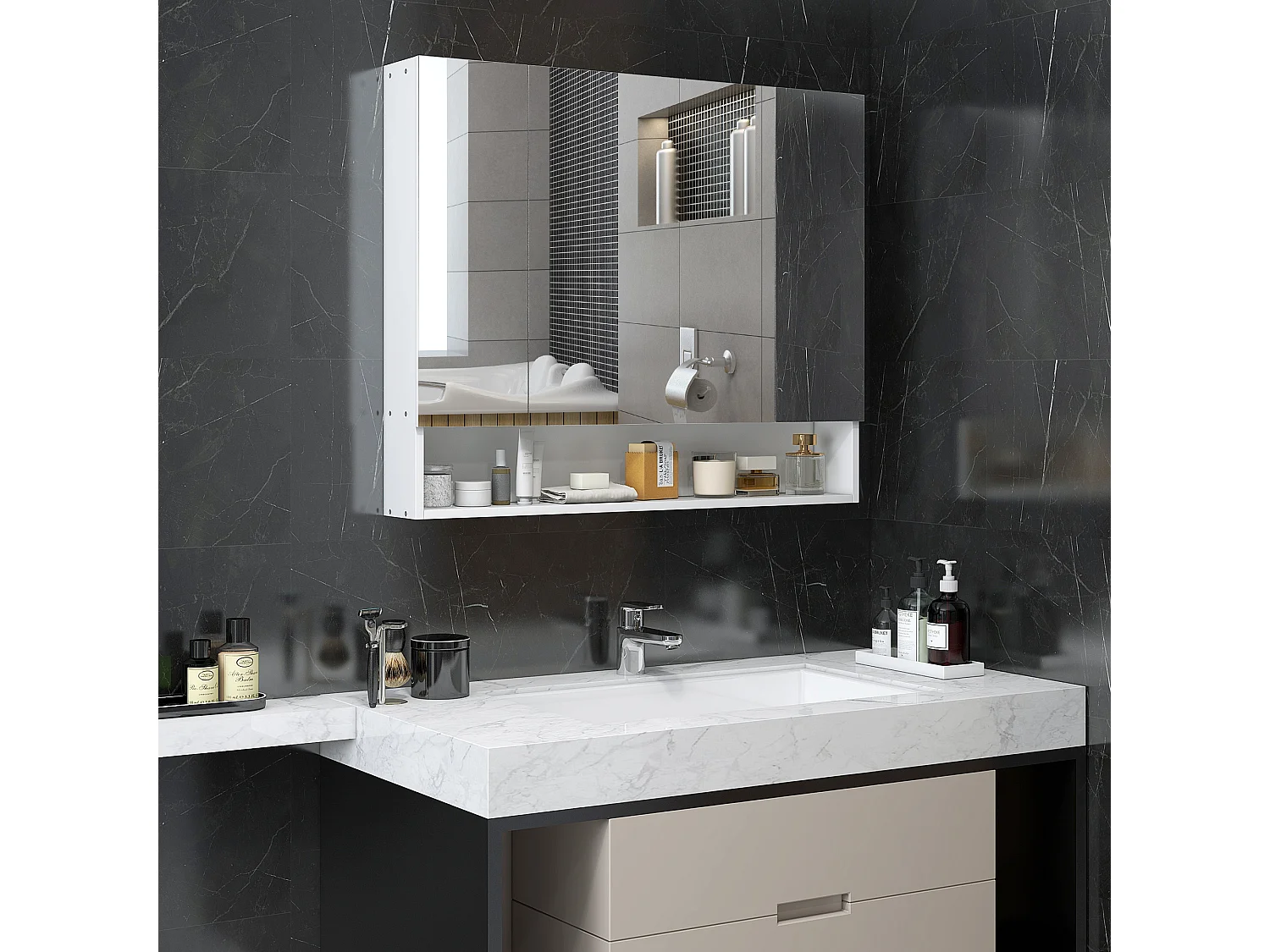 Armoire miroir salle de bain 3 portes 5 étagères, niche - 90 x 15 x 75 cm - blanc