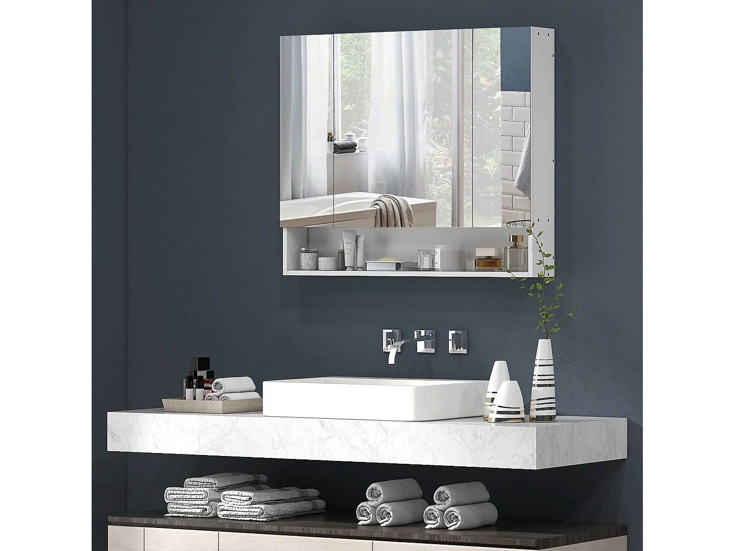 Armoire miroir salle de bain 3 portes 5 étagères, niche - 90 x 15 x 75 cm - blanc