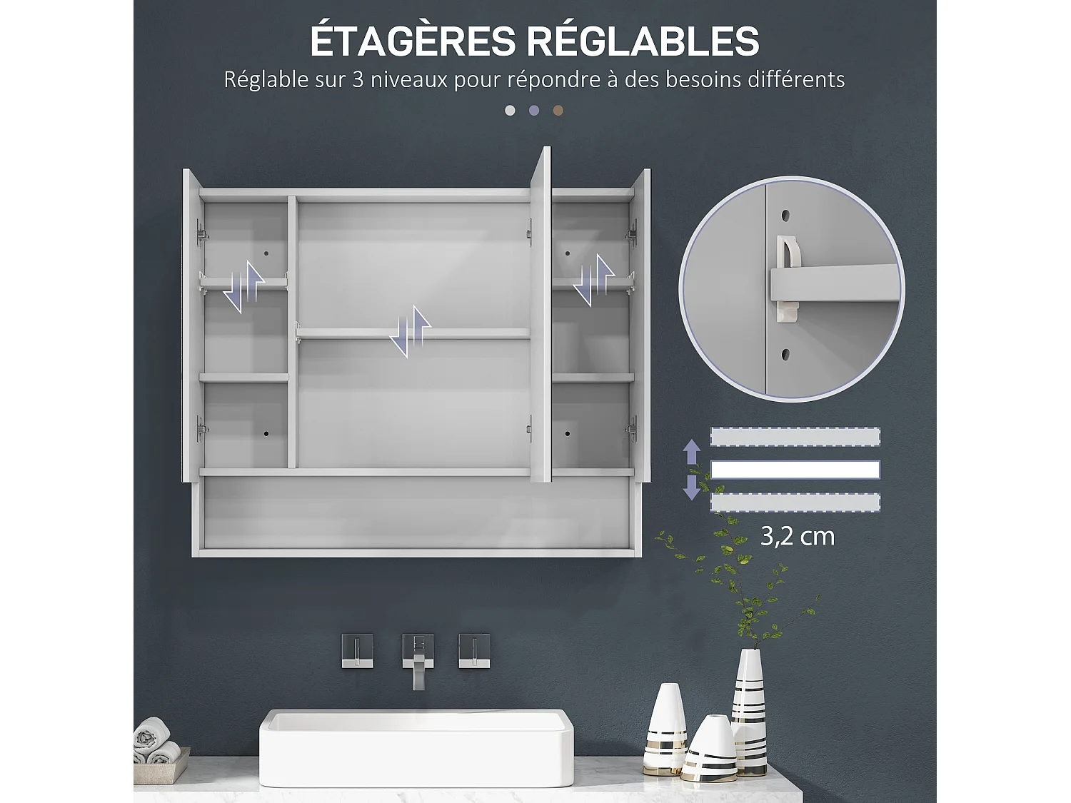 Armoire miroir salle de bain 3 portes 5 étagères, niche - 90 x 15 x 75 cm - blanc
