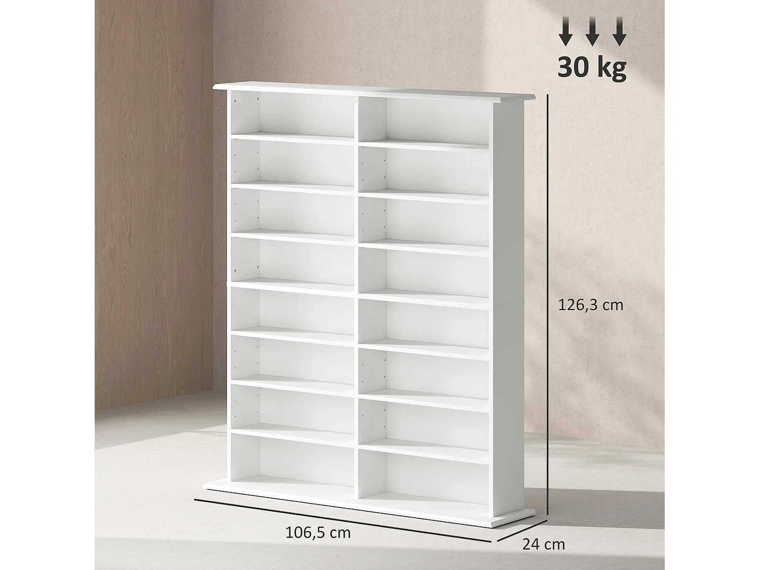 Étagère range CD - meuble rangement CD DVD - 16 compartiments, 12 étagères réglables - max 720 CD/396 DVD - blanc