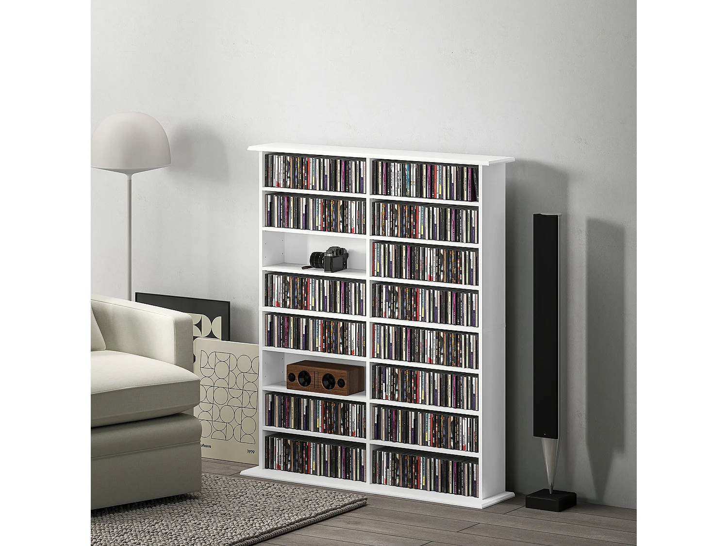 Étagère range CD - meuble rangement CD DVD - 16 compartiments, 12 étagères réglables - max 720 CD/396 DVD - blanc