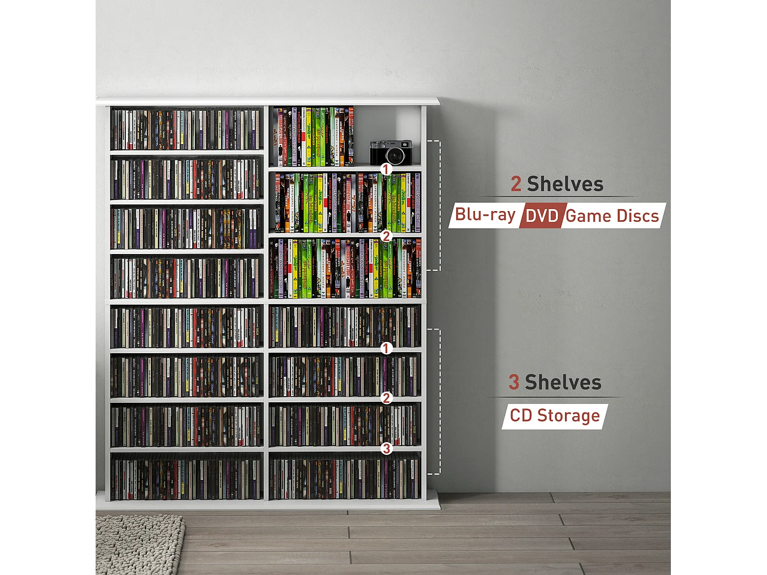 Étagère range CD - meuble rangement CD DVD - 16 compartiments, 12 étagères réglables - max 720 CD/396 DVD - blanc