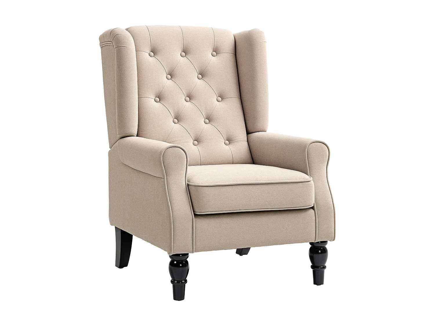 Fauteuil à oreilles style Chesterfield dossier capitonné grand confort bois noir tissu beige