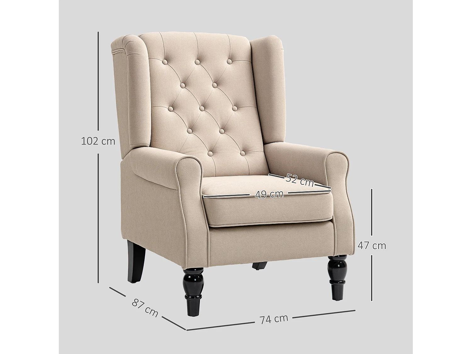 Fauteuil à oreilles style Chesterfield dossier capitonné grand confort bois noir tissu beige