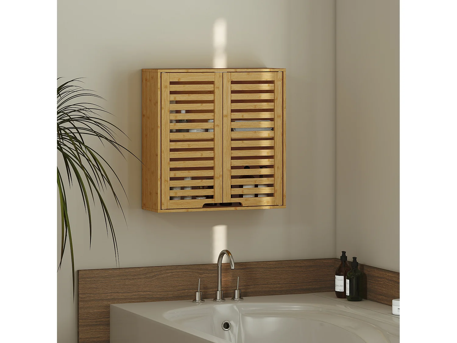 Armoire murale de salle de bain style exotique bambou 60 x 20 x 60 cm 2 portes étagère