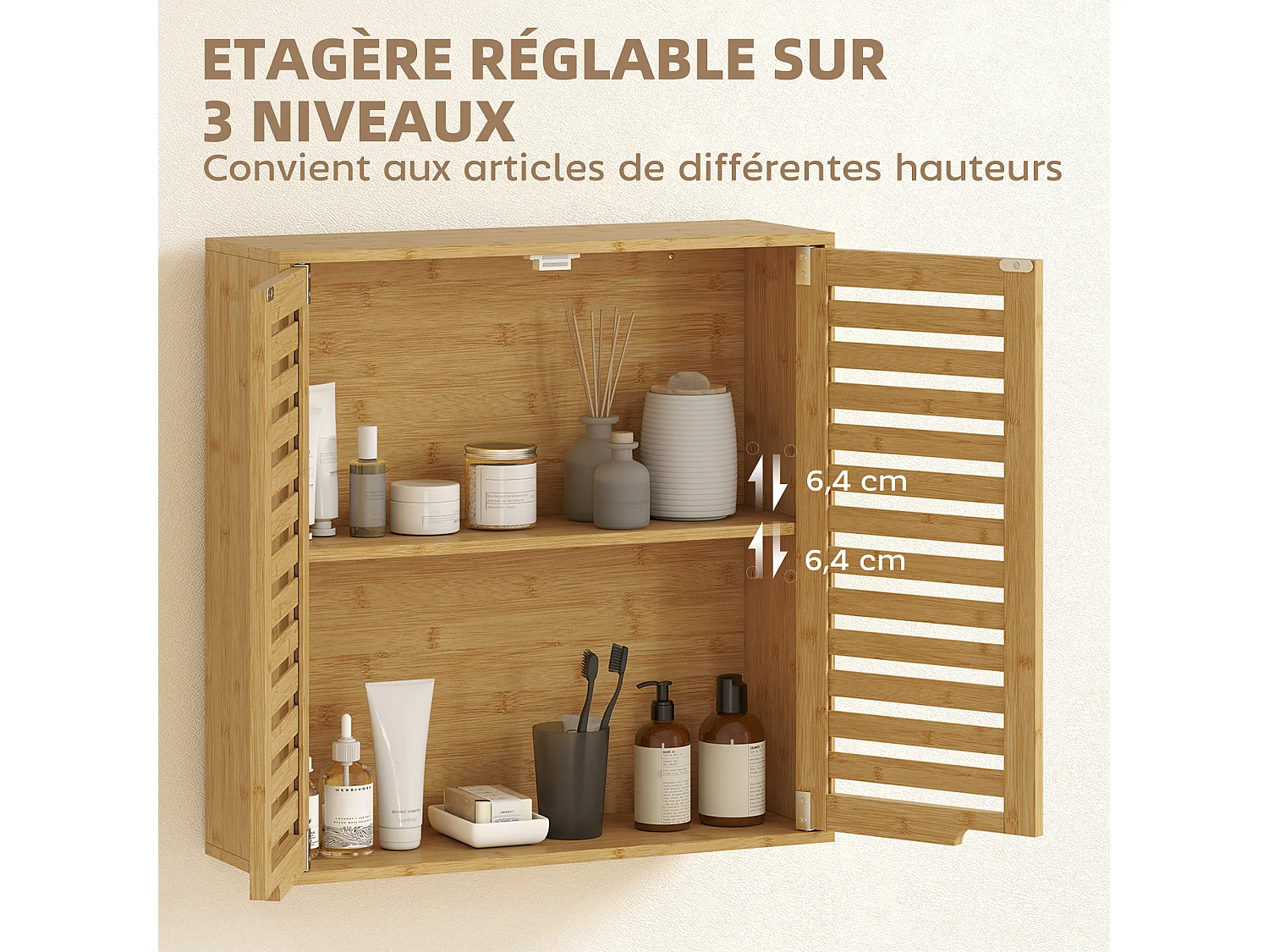 Armoire murale de salle de bain style exotique bambou 60 x 20 x 60 cm 2 portes étagère