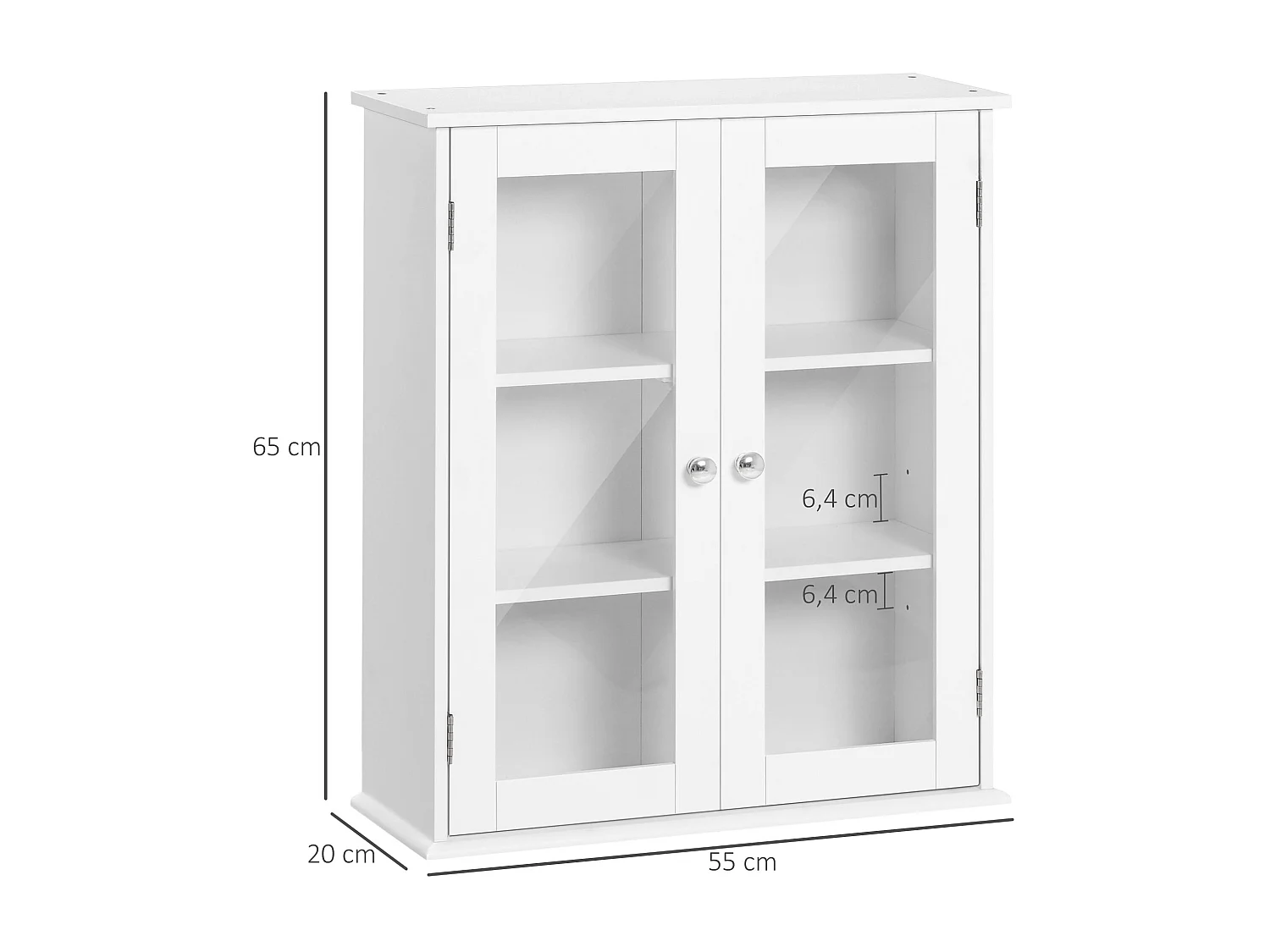 Armoire murale salle de bain 2 portes vitrées 2 étagères 55 x 20 x 65 cm blanc