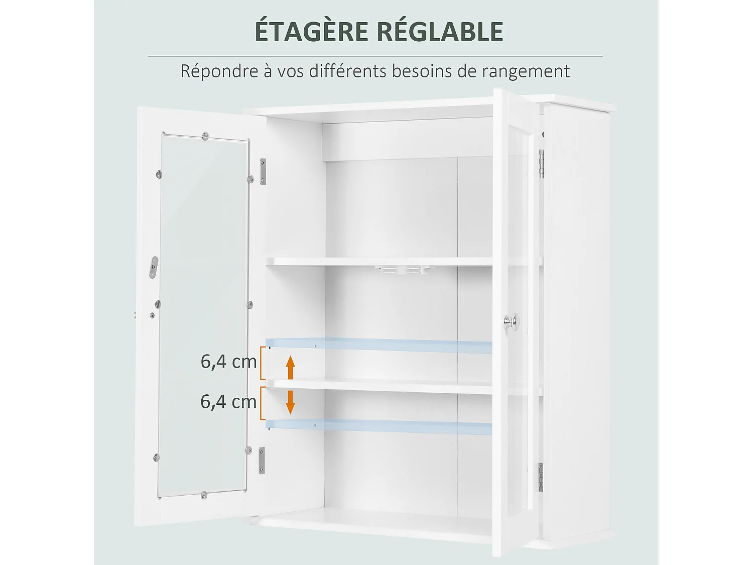 Armoire murale salle de bain 2 portes vitrées 2 étagères 55 x 20 x 65 cm blanc