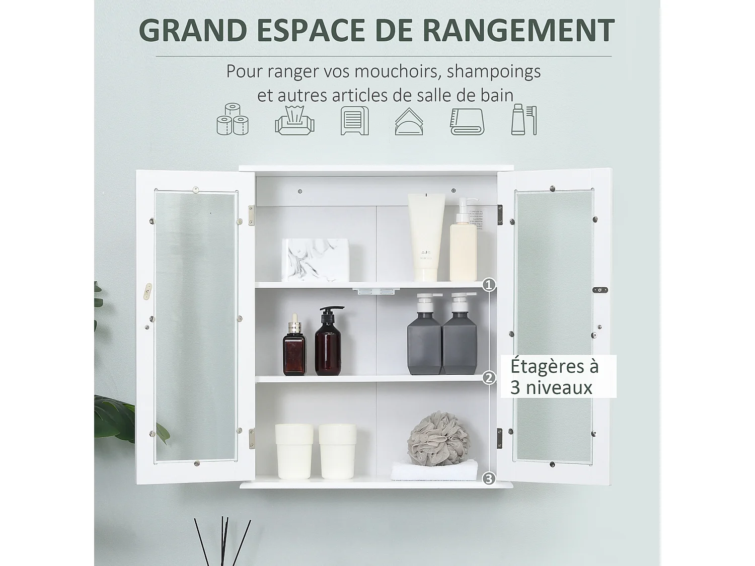 Armoire murale salle de bain 2 portes vitrées 2 étagères 55 x 20 x 65 cm blanc