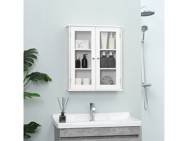 Armoire murale salle de bain 2 portes vitrées 2 étagères 55 x 20 x 65 cm blanc