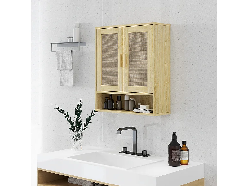 Armoire murale salle de bain WC style bohème - 2 portes, étagère, niche - effet rotin bois clair