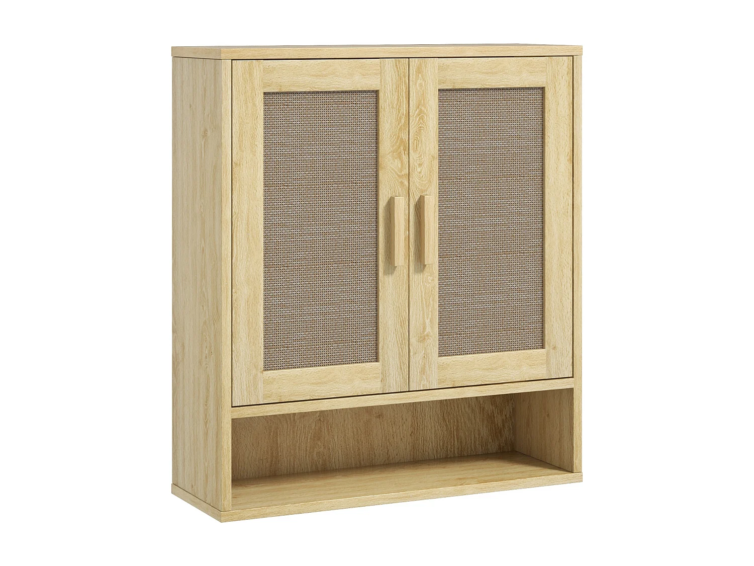 Armoire murale salle de bain WC style bohème - 2 portes, étagère, niche - effet rotin bois clair