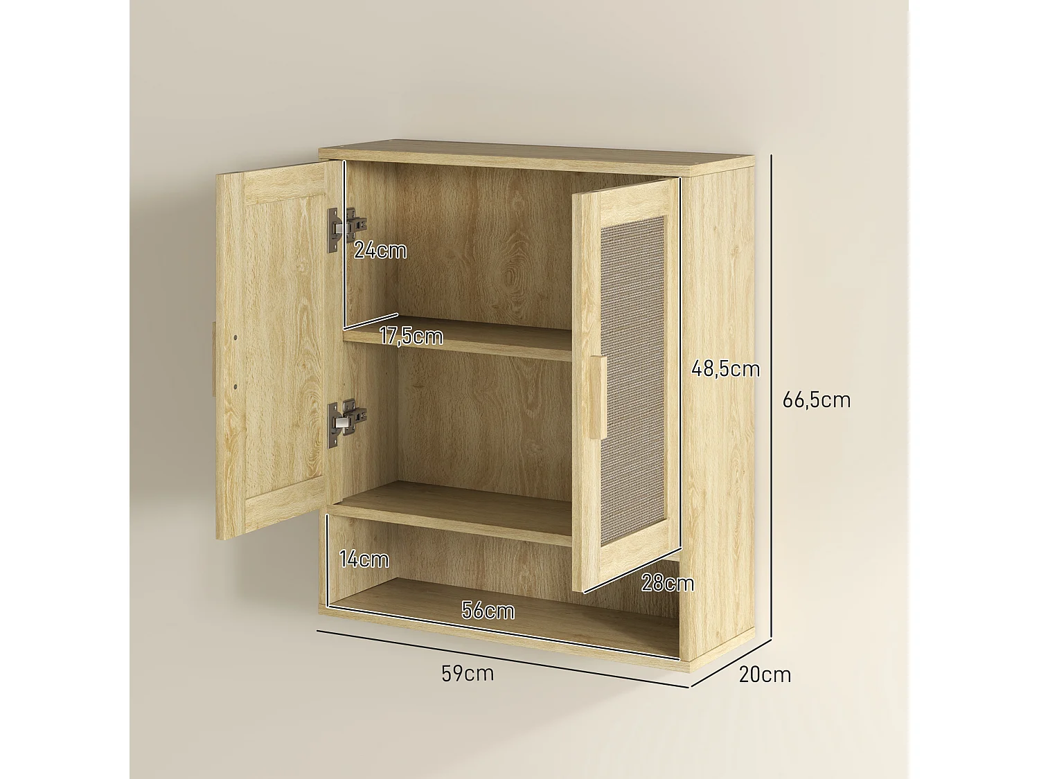 Armoire murale salle de bain WC style bohème - 2 portes, étagère, niche - effet rotin bois clair