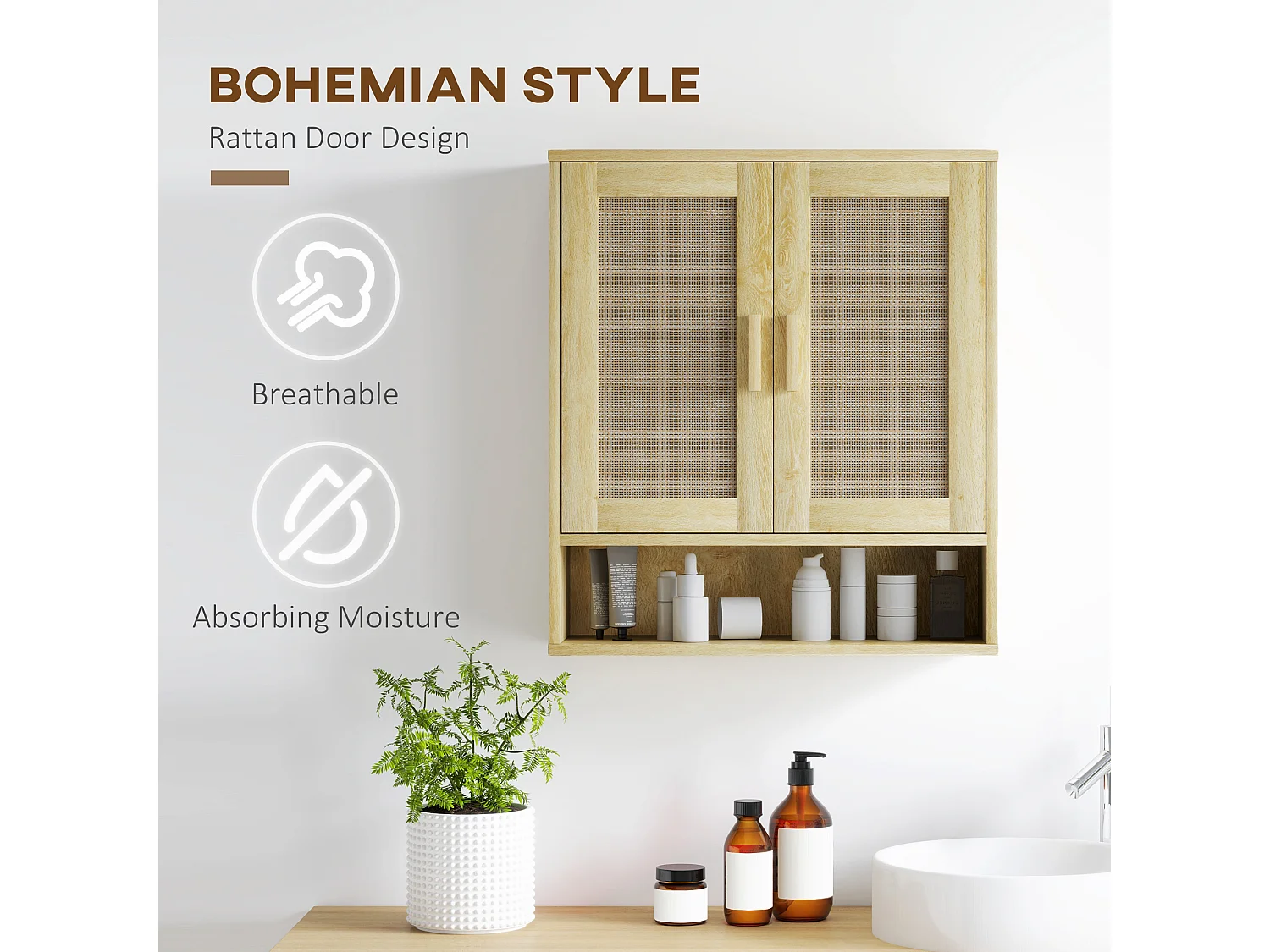 Armoire murale salle de bain WC style bohème - 2 portes, étagère, niche - effet rotin bois clair