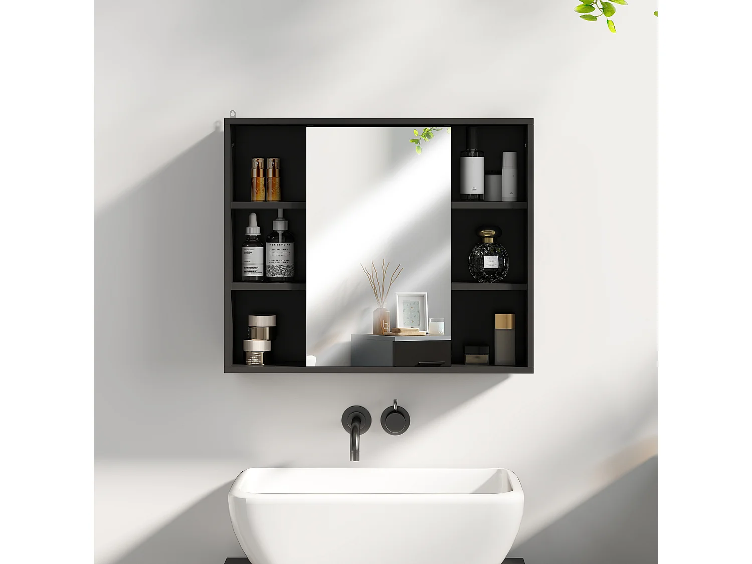 Miroir de salle de bain avec placard et étagères - 4 étagères latérales + 2 étagères intérieures - MDF panneaux particules noir