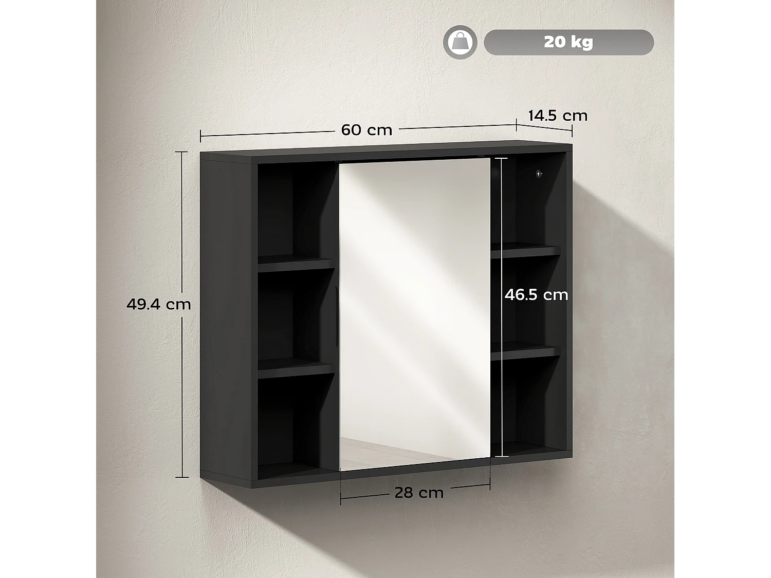 Armoire miroir salle de bain porte 4 étagères latérales 2 étagères intérieures noir