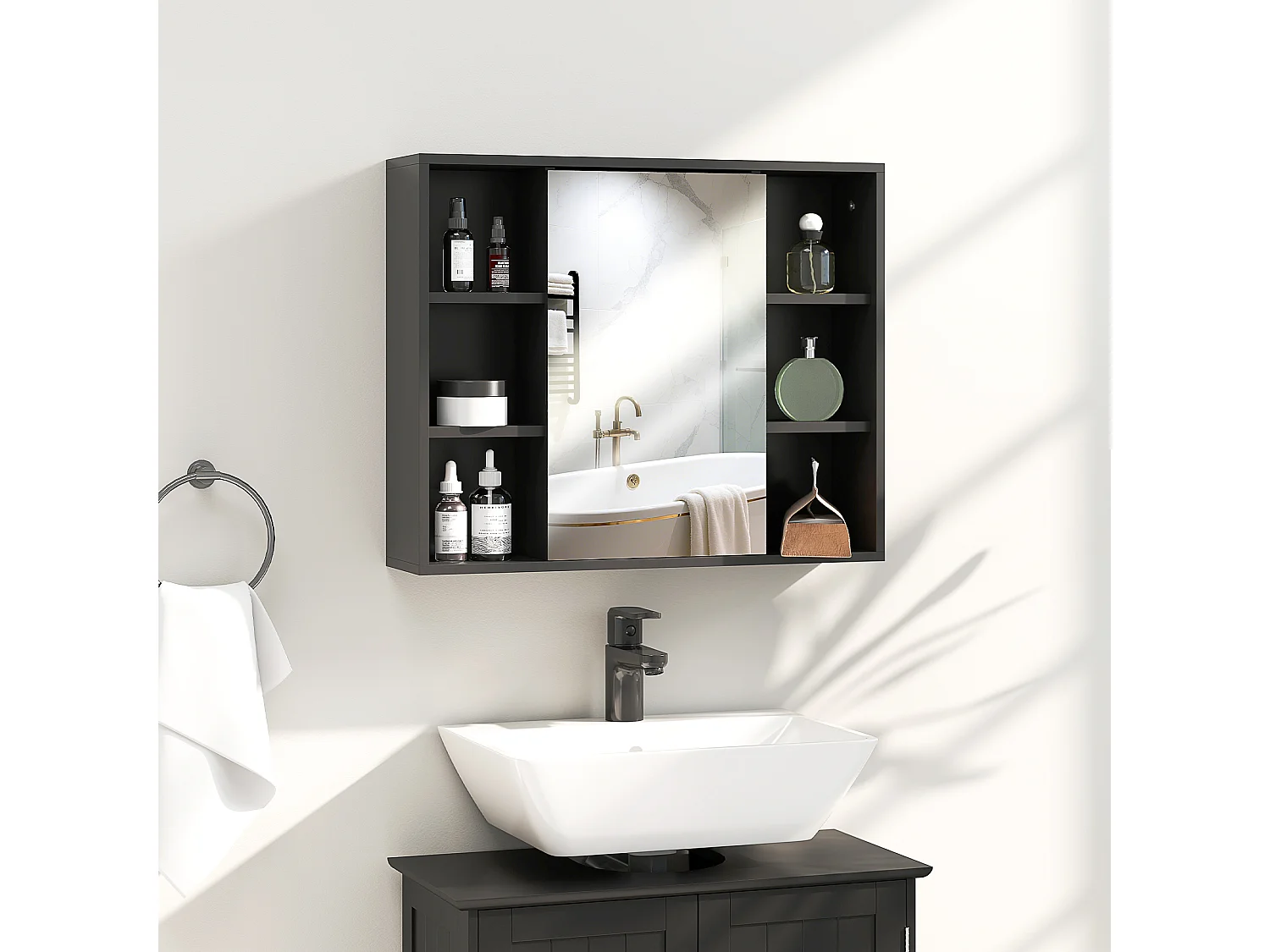 Armoire miroir salle de bain porte 4 étagères latérales 2 étagères intérieures noir