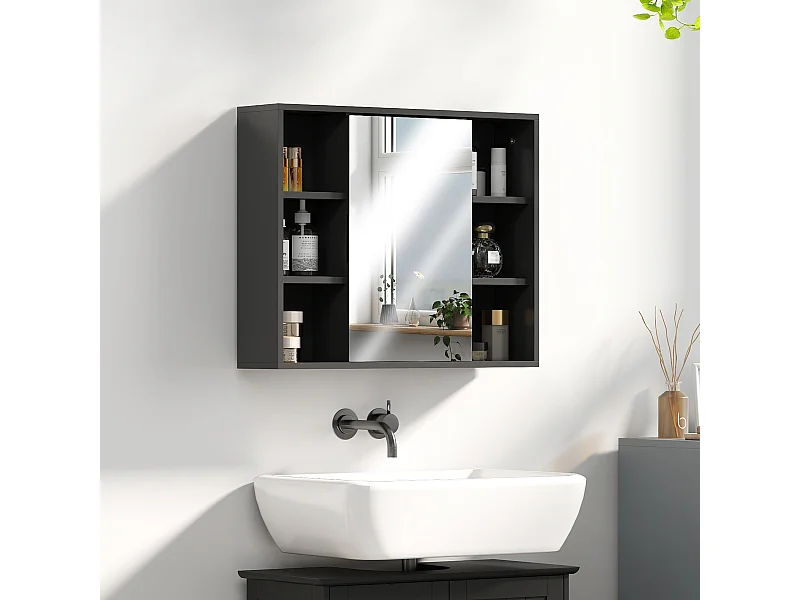 Armoire miroir salle de bain porte 4 étagères latérales 2 étagères intérieures noir