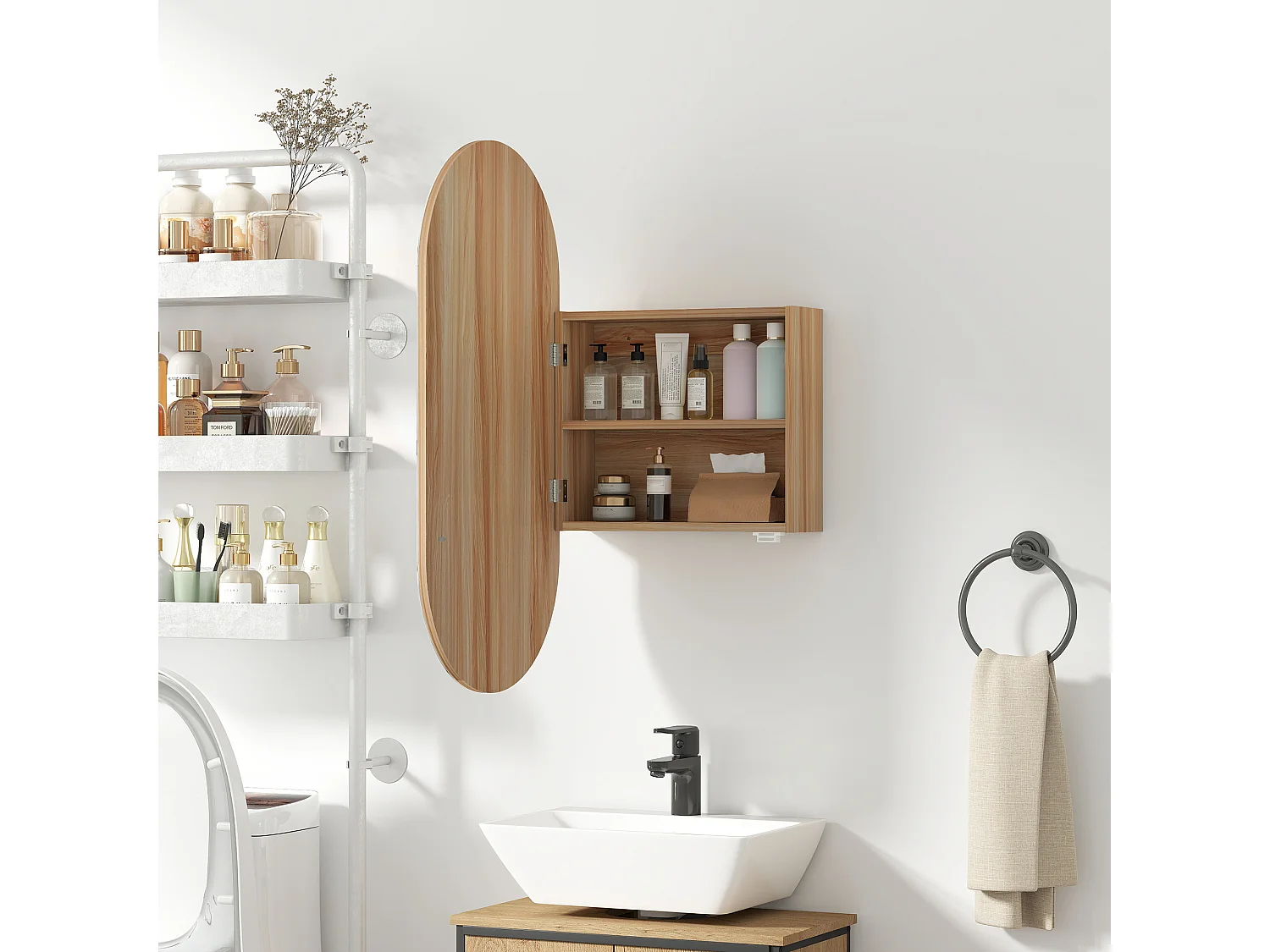 Armoire miroir design ovale dim. 45 x 90 cm étagère effet bois clair