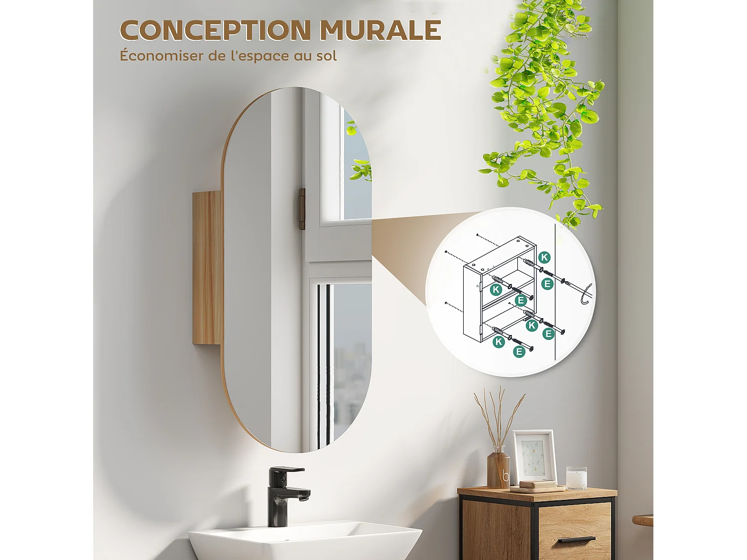 Armoire miroir design ovale dim. 45 x 90 cm étagère effet bois clair