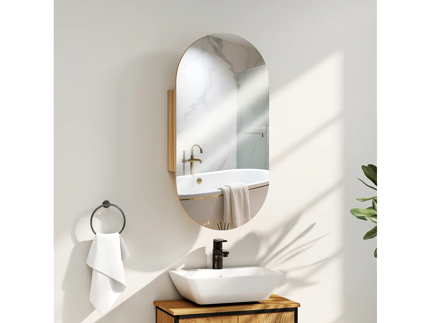 Armoire miroir design ovale dim. 45 x 90 cm étagère effet bois clair