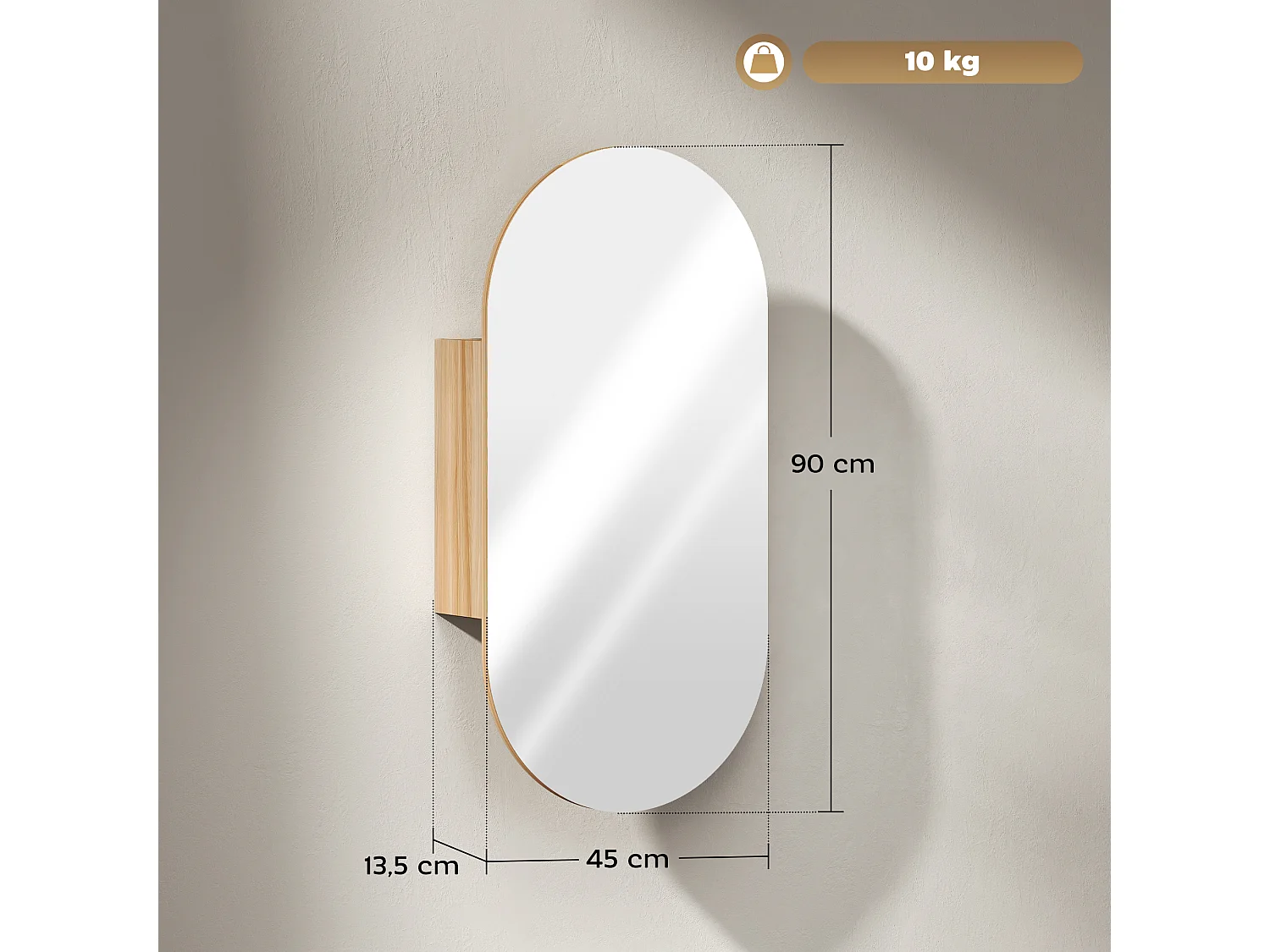 Armoire miroir design ovale dim. 45 x 90 cm étagère effet bois clair