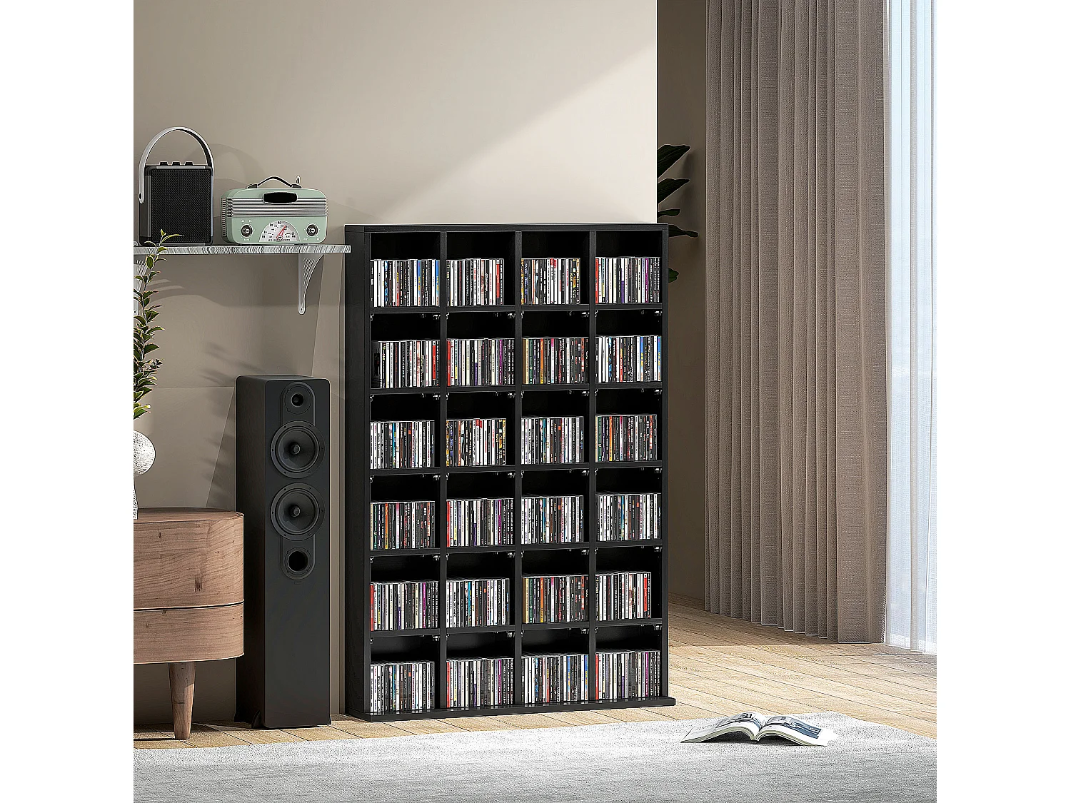 Étagère rangement CD/DVD meuble de rangement pour 480 CDs 24 compartiments réglables en hauteur 89 x 20 x 130 cm noir
