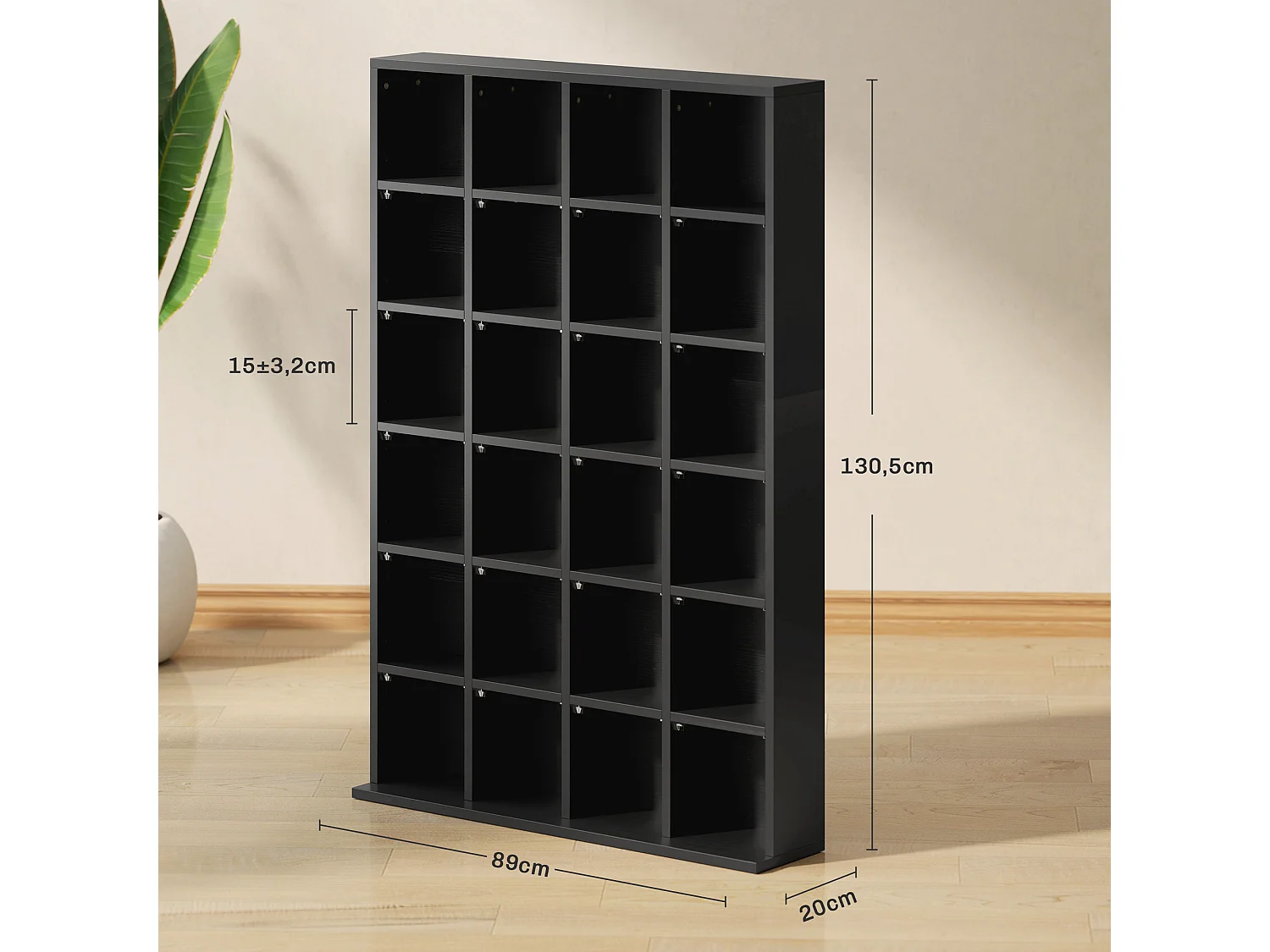 Étagère rangement CD/DVD meuble de rangement pour 480 CDs 24 compartiments réglables en hauteur 89 x 20 x 130 cm noir